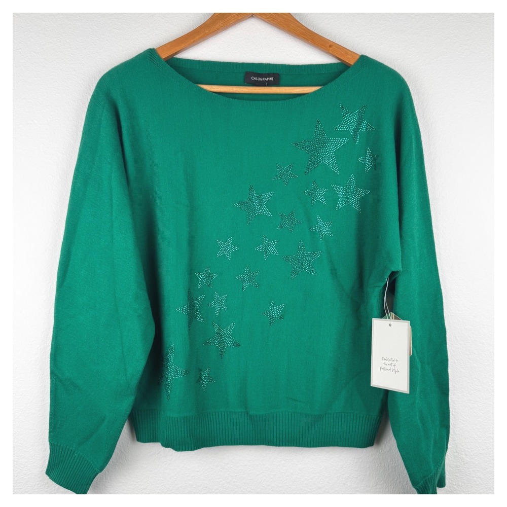 Calligraphie Sweater Womens Medium Green New Rhinestone Star Knit Casual Chic